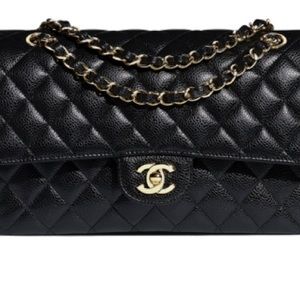 Classic Handbag Black Grained Calfskin & Gold-Tone DIMENSIONS: 5.7x9x2.3 in